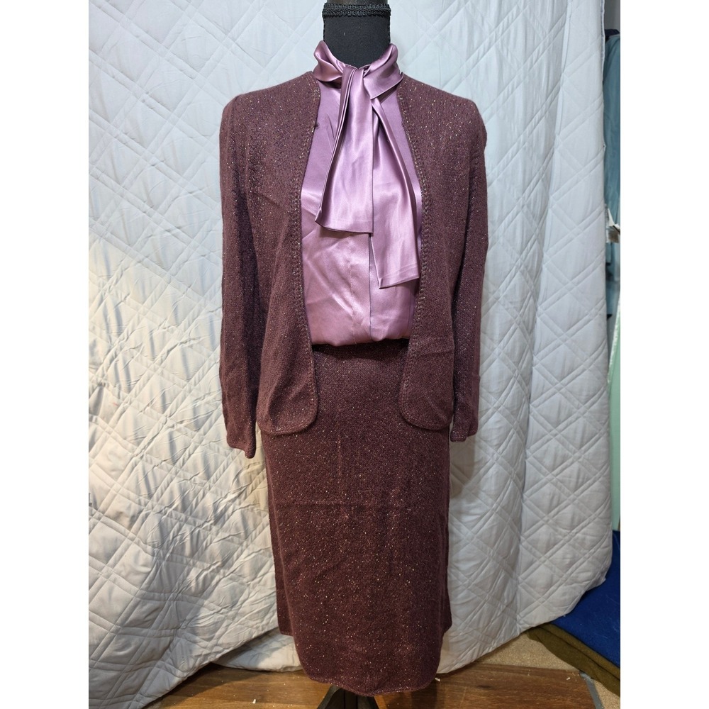 St John 3 Pc Skirt‎ Suit Set Metallic Knit Cardigan Satin Bow Blouse Plum Mauve